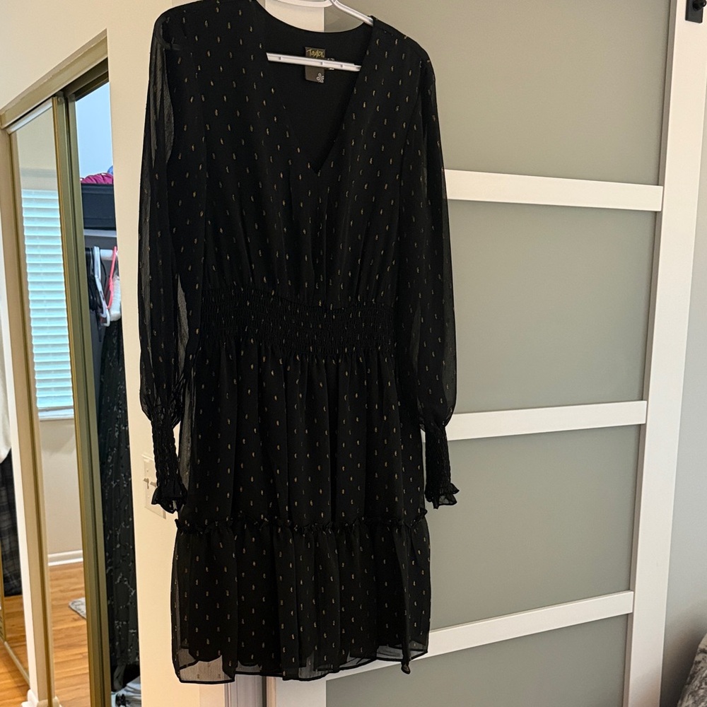 Taylor Black Long Sleeve Dress stretch waist with Gold Dots size 14